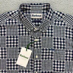 Barbour Shirt Mens Small S Navy Blue White Plaid Willowbeach Button Up Polo